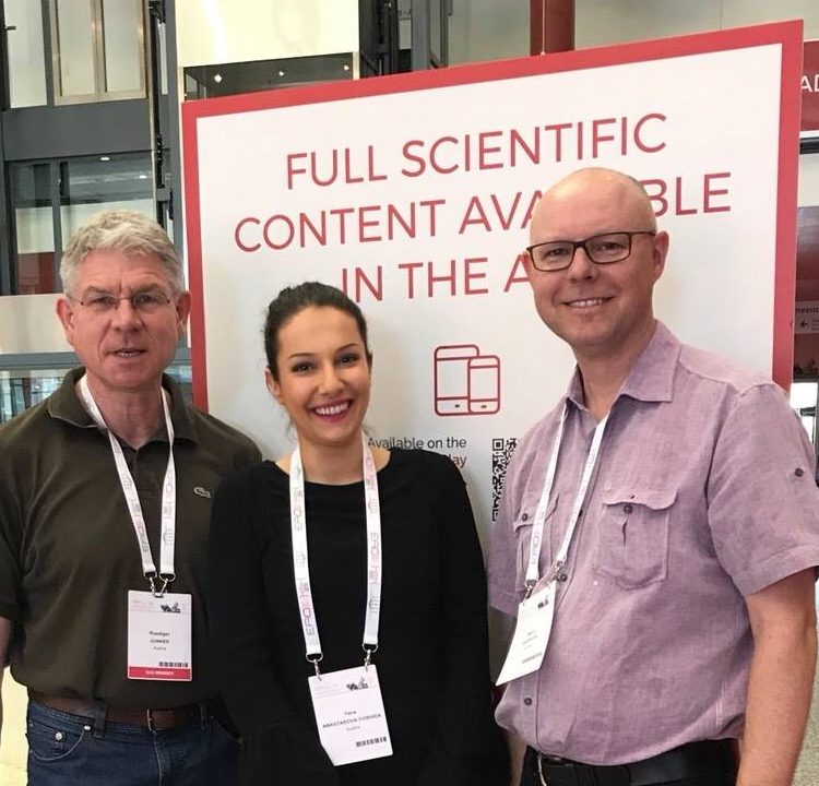 Dr. Yana Anastasova at the Annual World Dental Congress in Madrid 2017 with Univ. Prof. Dr. Dr. Rüdiger Junker MSc and Dr. Ralf Bäppler.